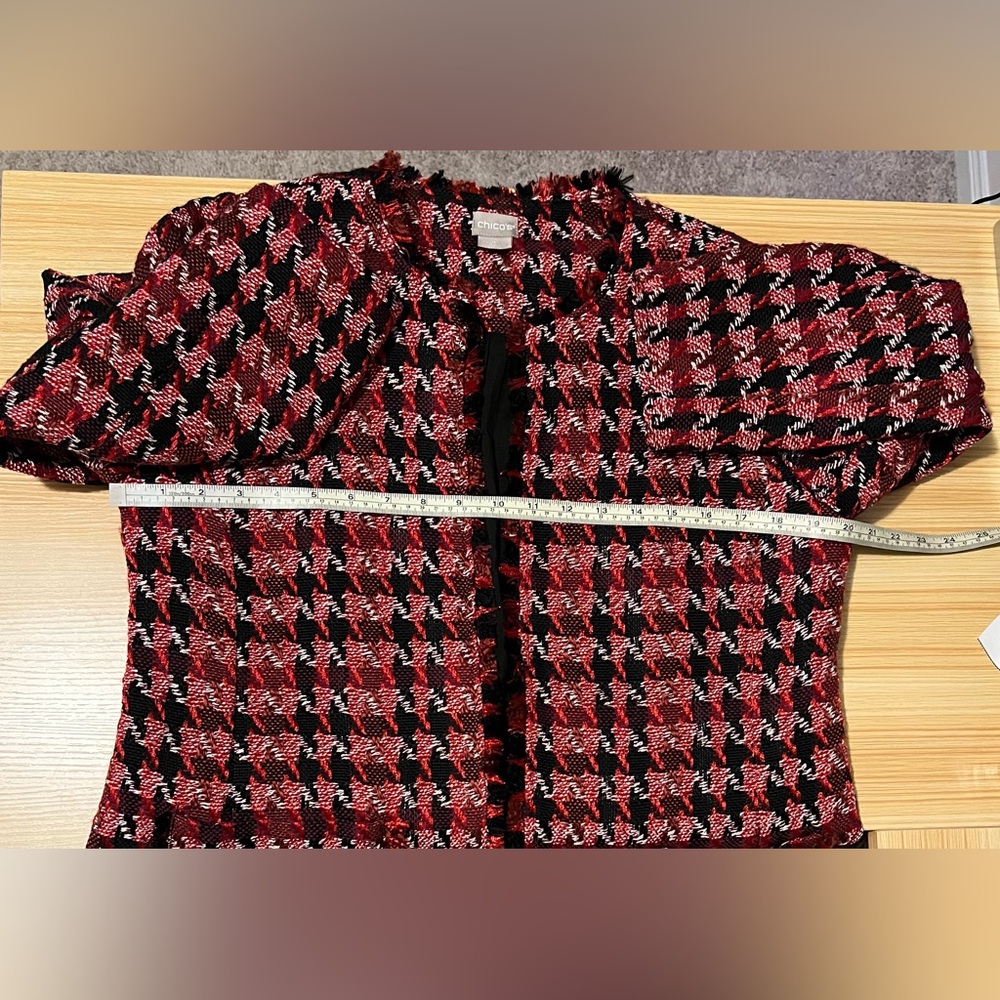 Chico’s Red Black Tweed Houndstooth Fringe Jacket Blazer 1P Office Wear Holiday - Picture 11 of 12